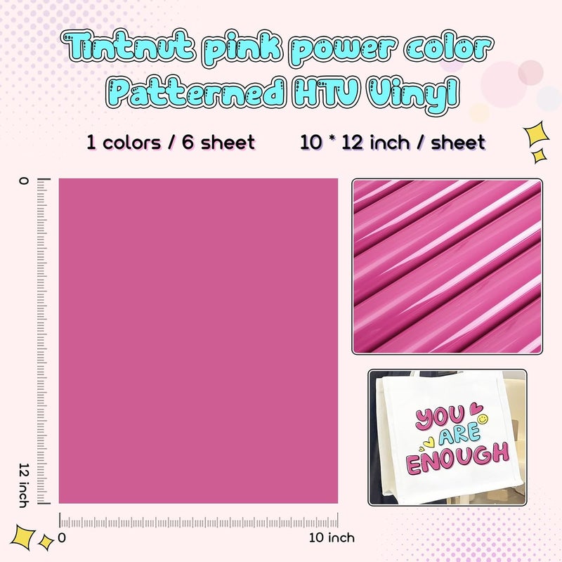 Tintnut Pink Power Color Heat Transfer Vinyl -6 Sheets 12"x10" Bright Color Iron on Vinyl for T-Shirts Clothing Bags HTV Vinyl for All Cutting Machine - Image 2